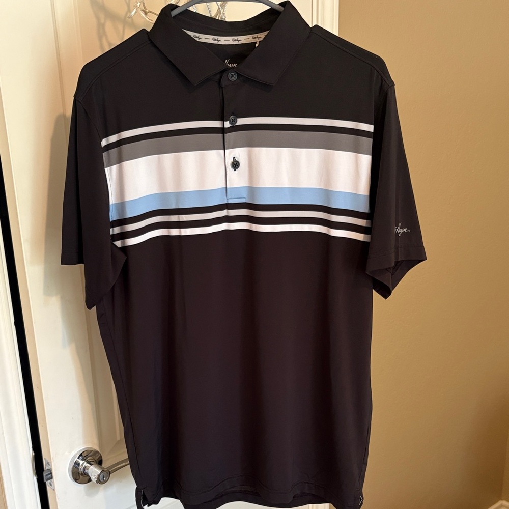 Walter Hagen Black Polo with Blue and White Stripes